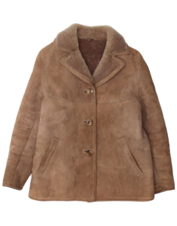 Jaqueta feminina vintage de shearling de grandes dimensões IT 36 XS pele de cordeiro marrom