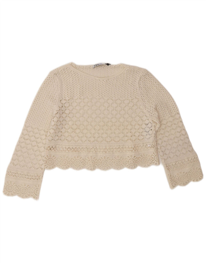 Top feminino de crochê Zara UK 10 pequeno poliéster branco