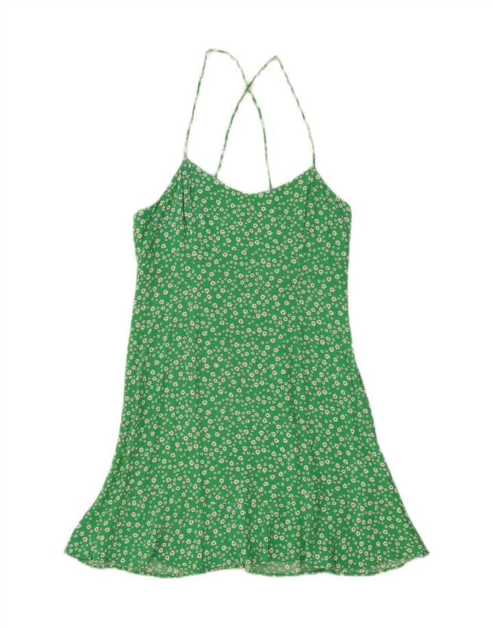 Vestido de verão feminino Zara UK 12 viscose floral verde médio