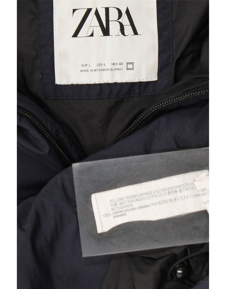 Jaqueta acolchoada com capuz masculina Zara UK 40 grande poliéster azul marinho