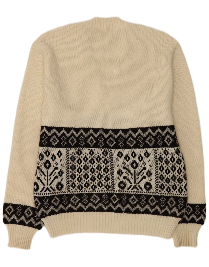 Suéter masculino vintage com decote em V médio branco geométrico