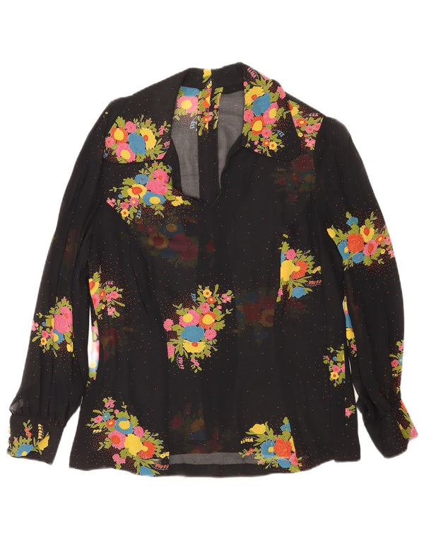 Blusa feminina vintage transparente de manga comprida UK 14 médio preto floral