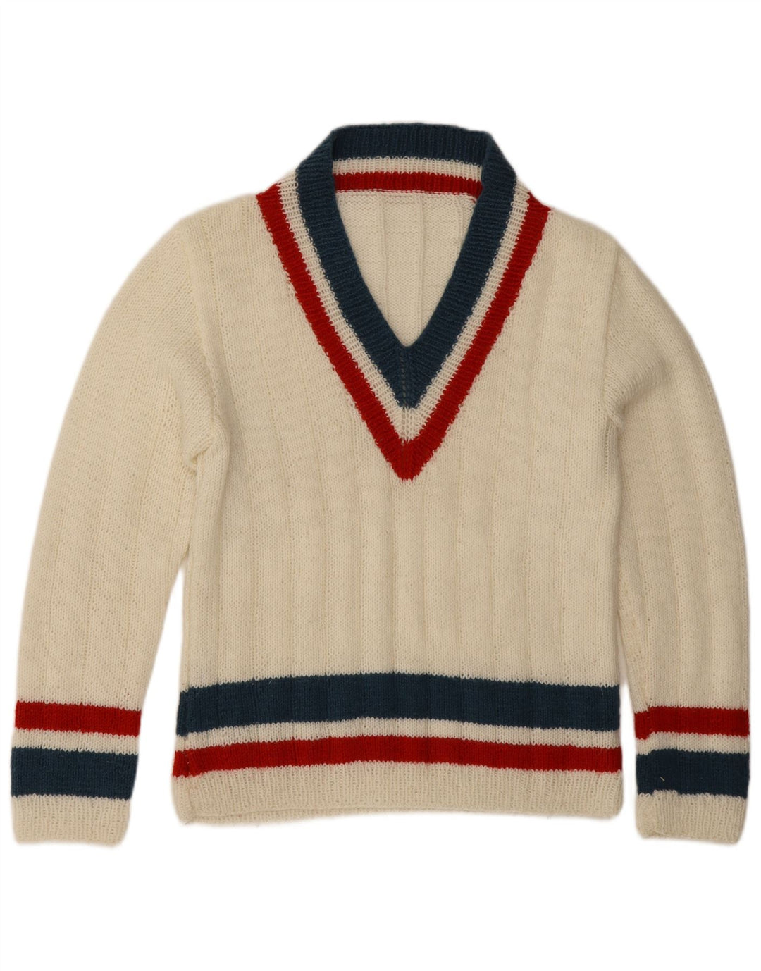 Suéter masculino vintage com decote em V médio listrado branco