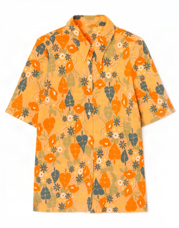 Blusa feminina vintage de manga curta UK 10 pequena floral laranja