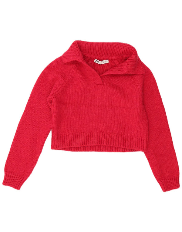 Zara Suéter feminino cropped com gola polo Reino Unido 12 médio vermelho acrílico