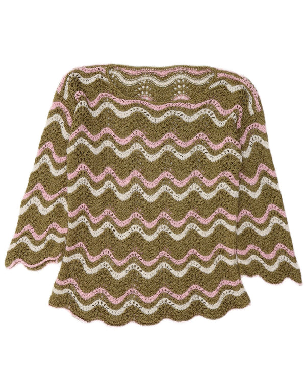 Suéter feminino vintage de crochê com gola canoa Reino Unido 14 médio cáqui Chevron