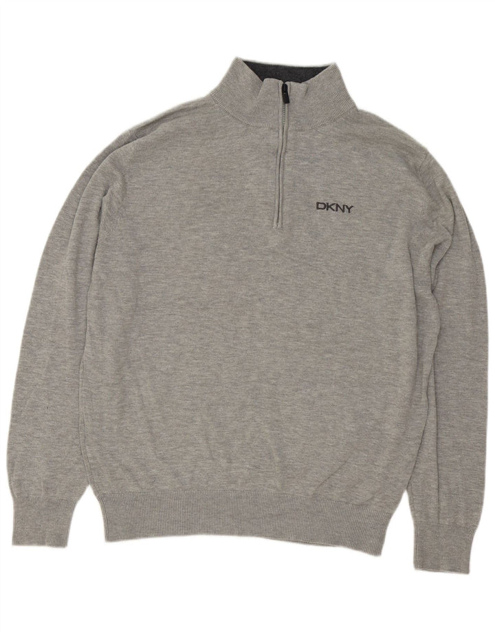 Suéter masculino Dkny com zíper e gola grande de algodão manchado cinza