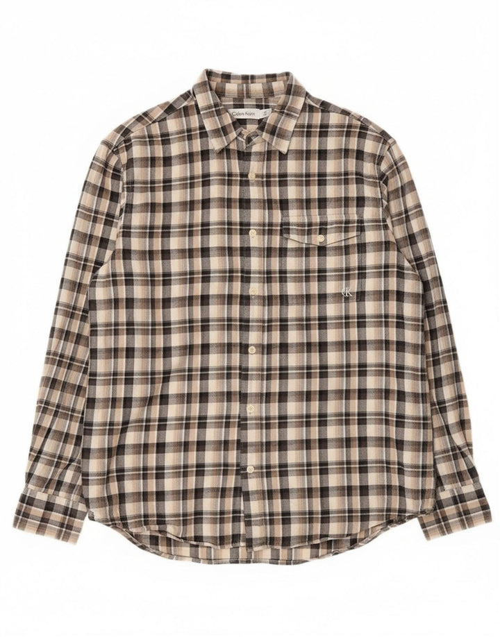 Camisa masculina de flanela Calvin Klein algodão xadrez bege médio