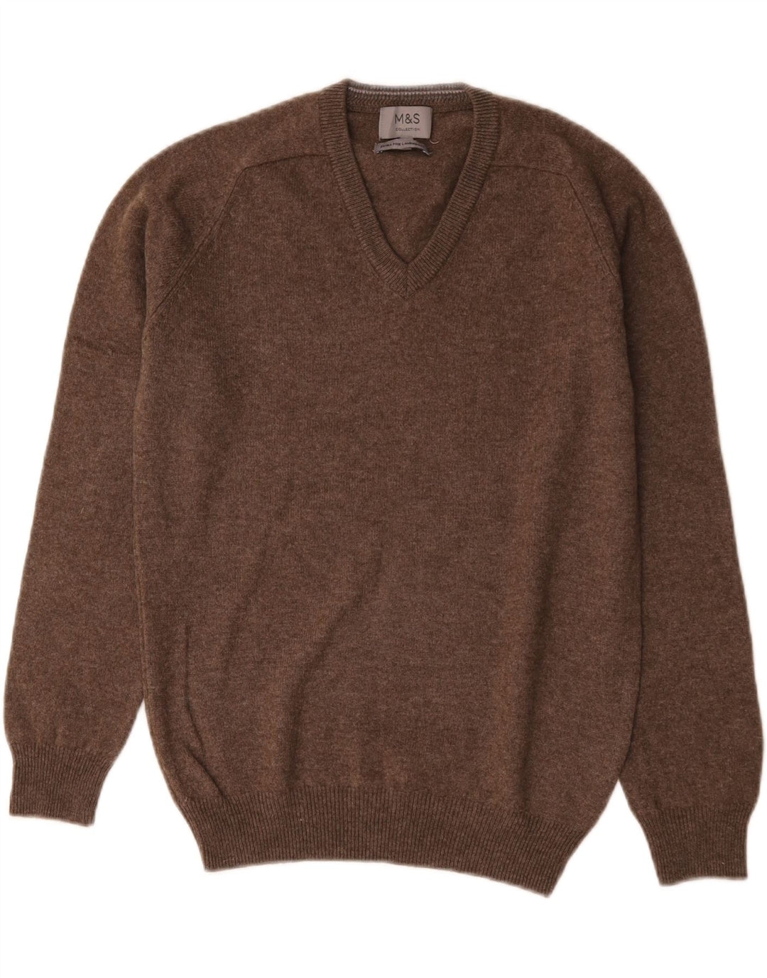 Suéter masculino Marks & Spencer com decote em V, lã de carneiro marrom pequena