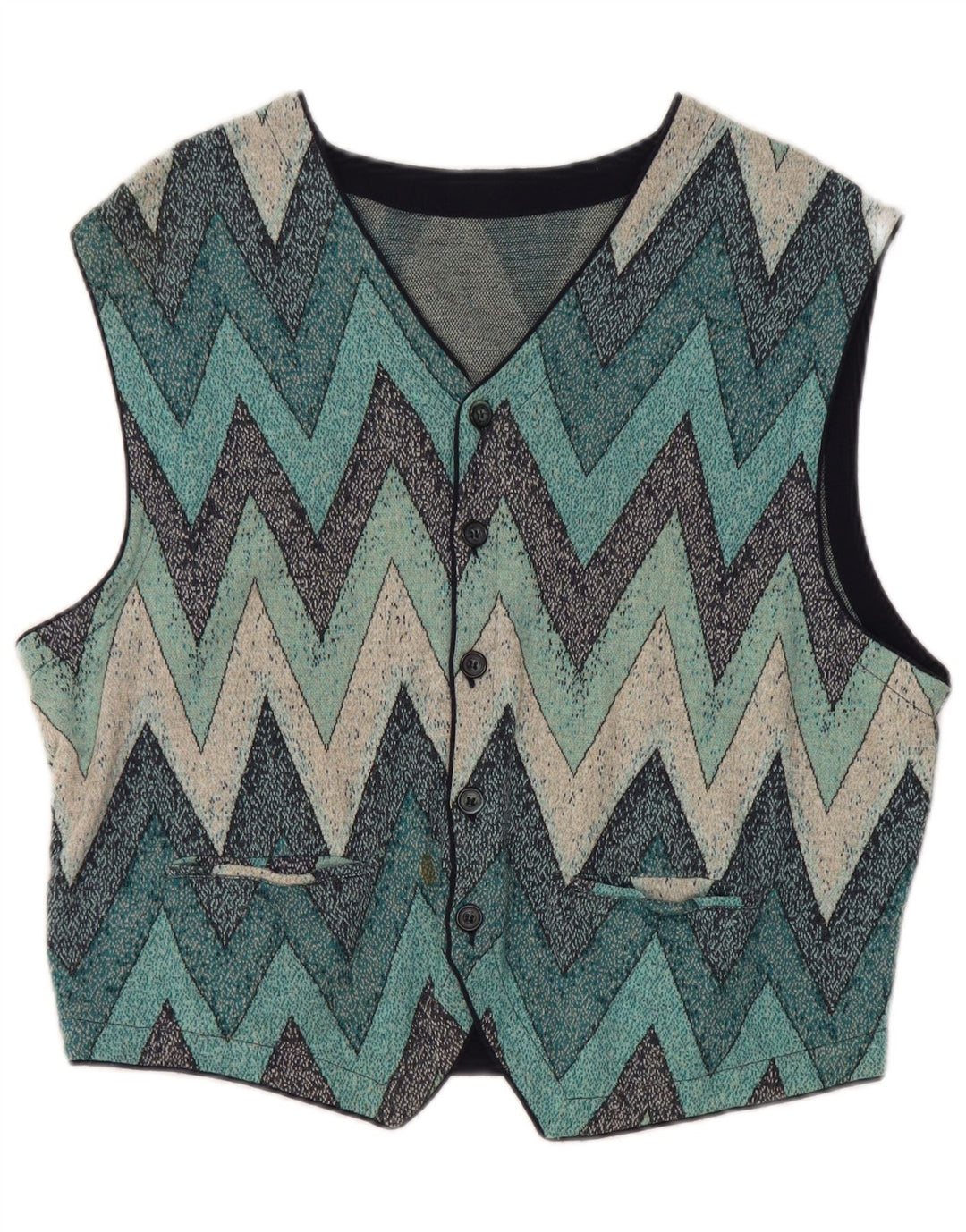 Colete de malha feminino vintage IT 52 2XL azul Chevron algodão