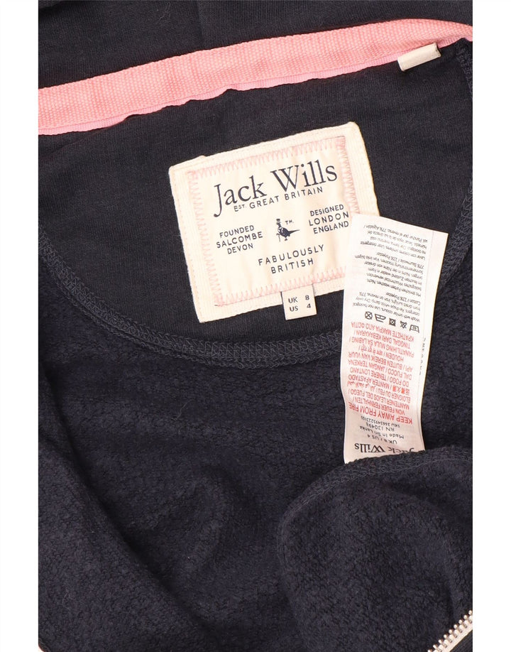 JACK WILLS Suéter feminino com capuz e zíper gráfico Reino Unido 8 pequeno algodão azul marinho