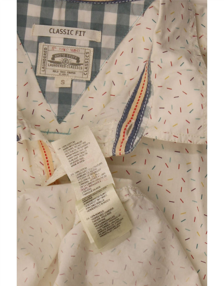 WHITE STUFF Camisa masculina clássica de manga curta pequena de algodão manchado branco