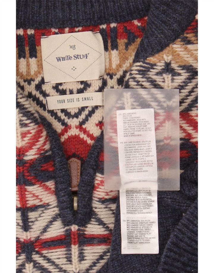 Suéter masculino branco com zíper e gola pequena, azul marinho, Fair Isle