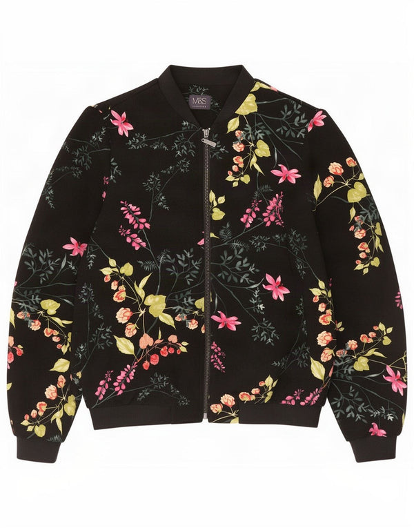Jaqueta bomber feminina Marks & Spencer grande tamanho UK 10 pequena floral preta