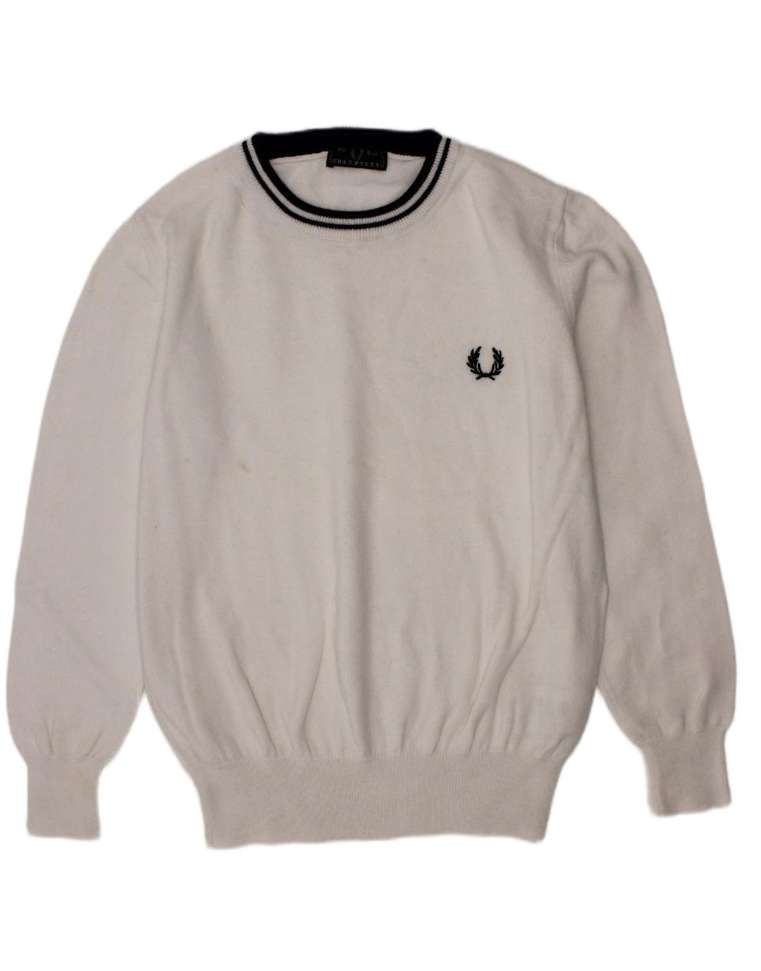 FRED PERRY Suéter masculino com gola redonda, 7 a 8 anos, algodão branco