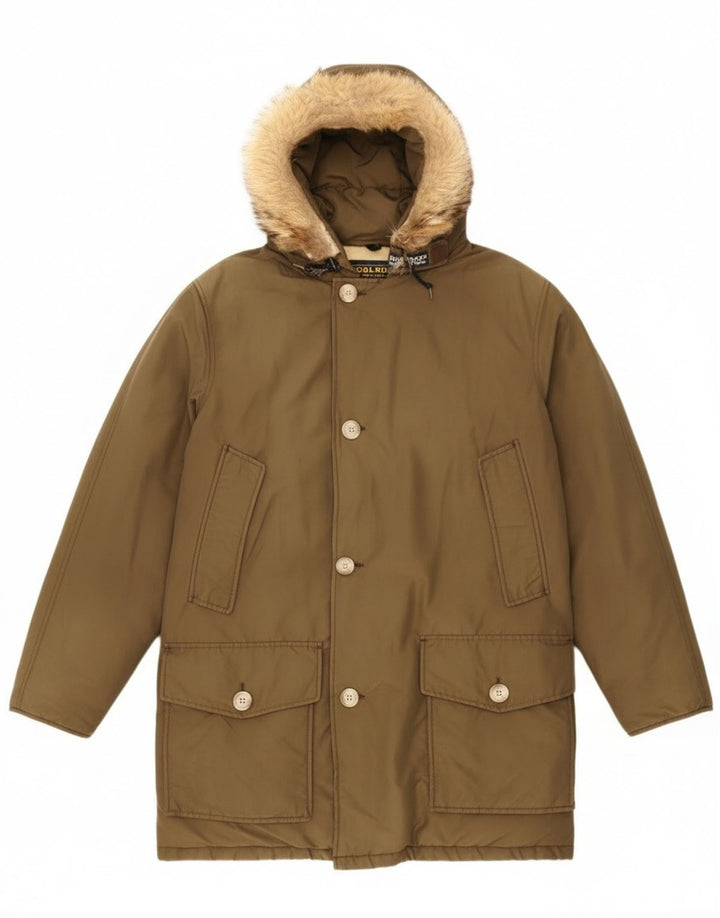 Casaco acolchoado com capuz masculino Woolrich UK 36 pequeno cáqui