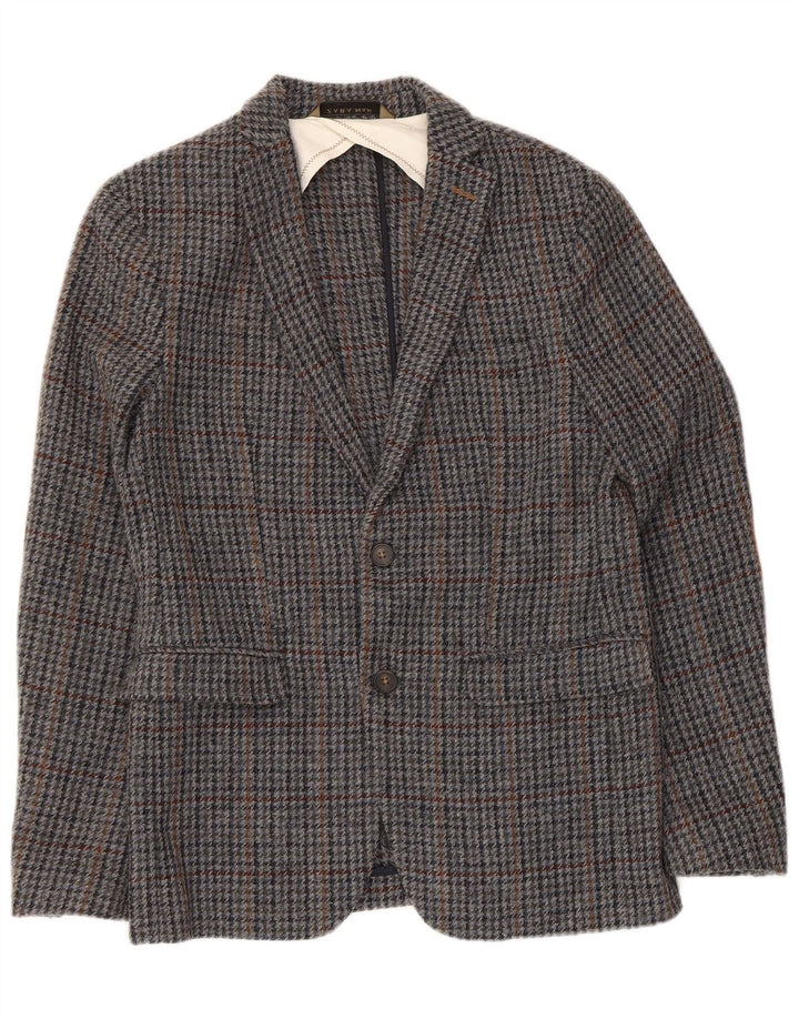 Jaqueta blazer masculina Zara com 2 botões EU 48 lã houndstooth cinza médio