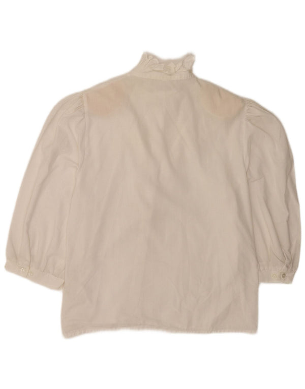 Blusa feminina vintage manga 3/4 com babado frontal Reino Unido 12 médio branco