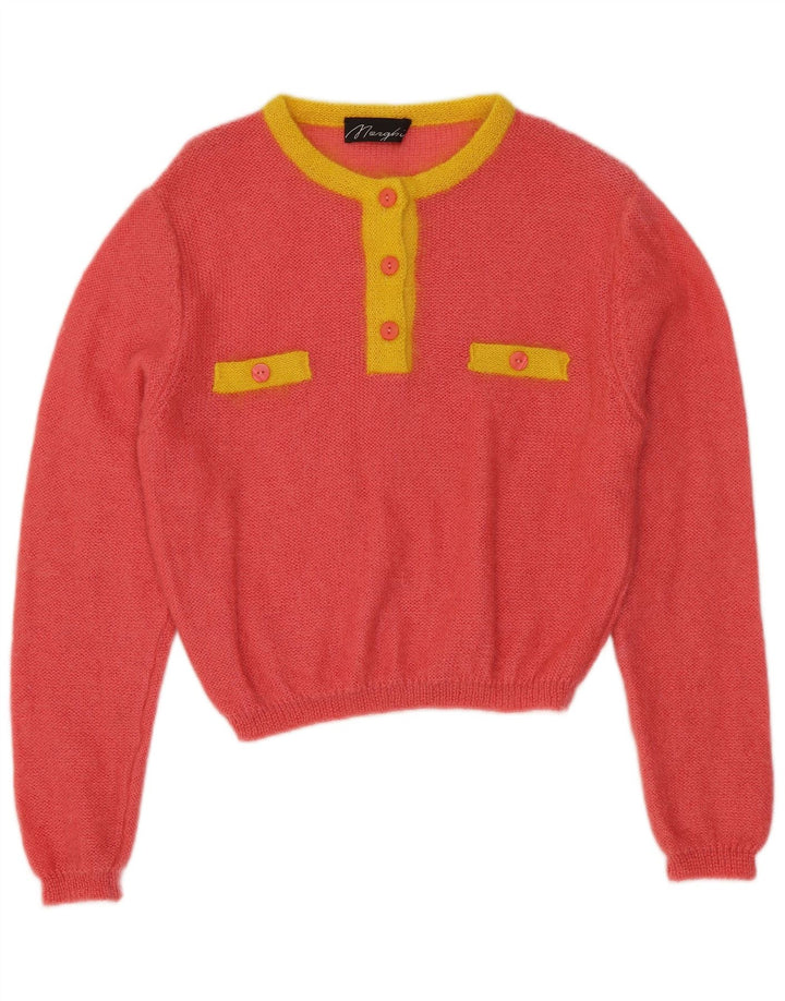 Suéter feminino VINTAGE com gola e botão IT 44 bloco colorido rosa médio