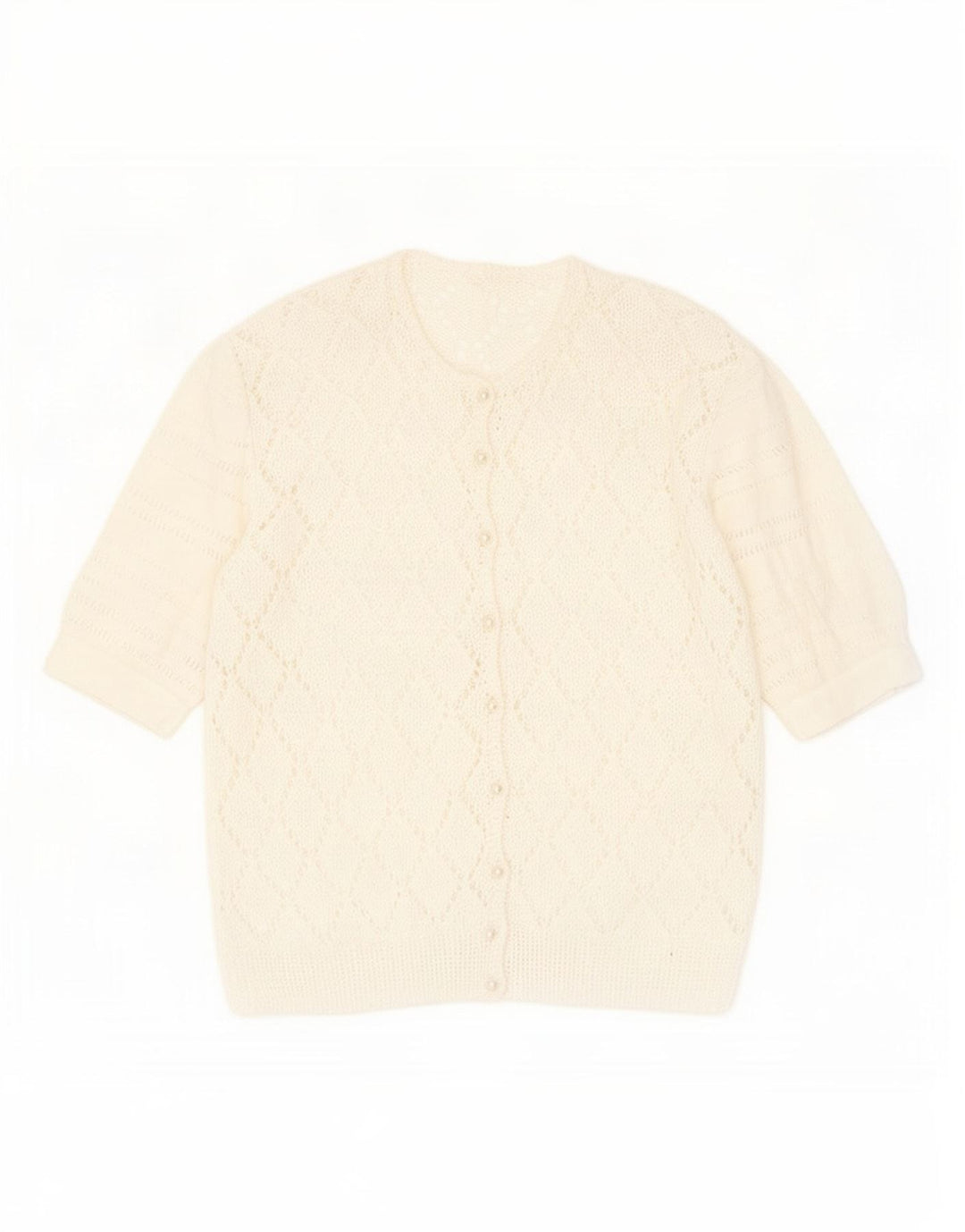 Suéter cardigã feminino vintage transparente Reino Unido 14 médio branco manchado