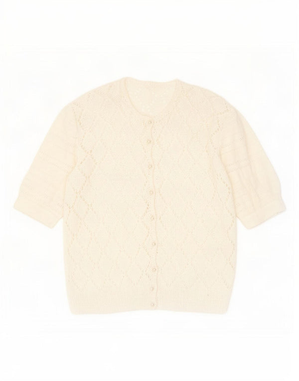 Suéter cardigã feminino vintage transparente Reino Unido 14 médio branco manchado