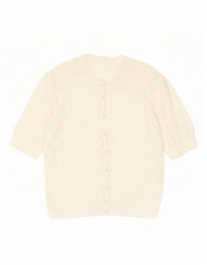 Suéter cardigã feminino vintage transparente Reino Unido 14 médio branco manchado