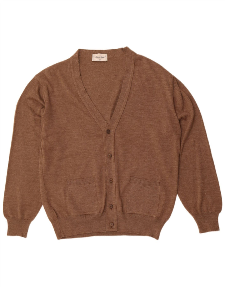 Suéter cardigã feminino vintage Reino Unido 14 grande lã marrom