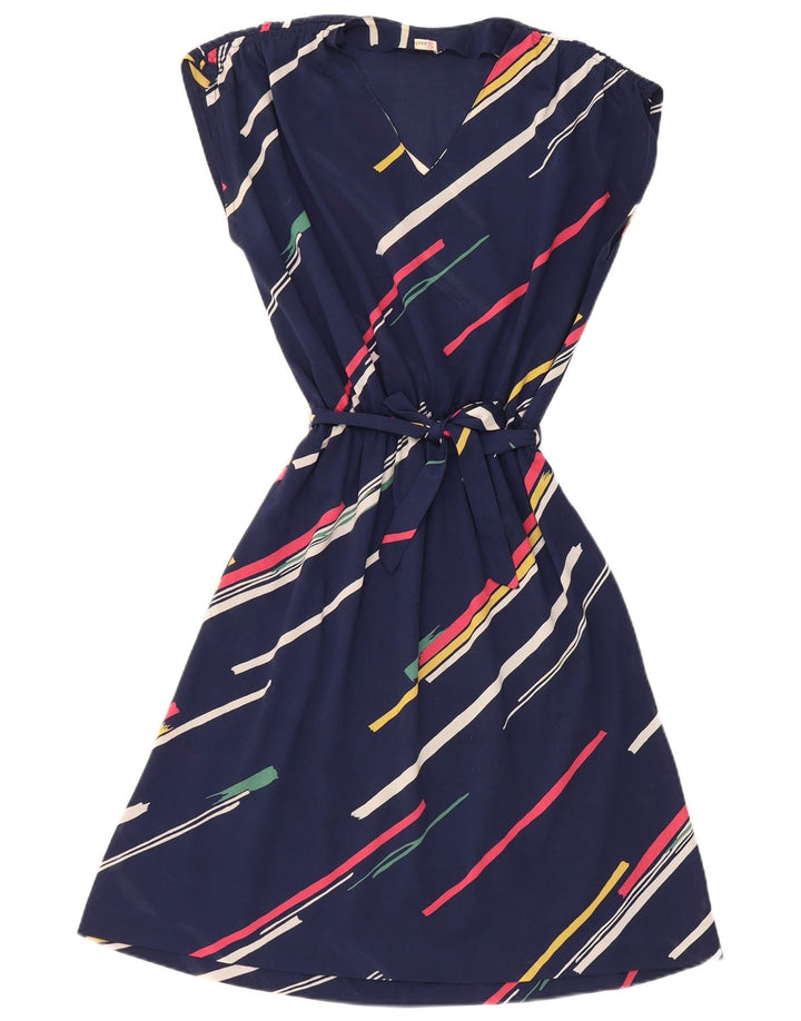 Vestido vintage feminino evasê IT 42 poliéster listrado azul marinho médio