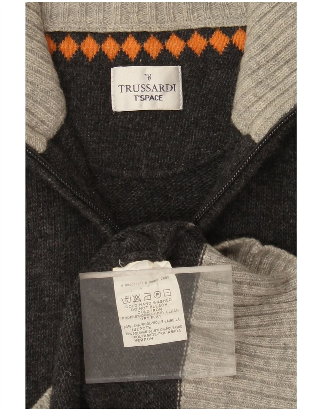 Suéter masculino TRUSSARDI com zíper e gola em bloco de lã cinza médio
