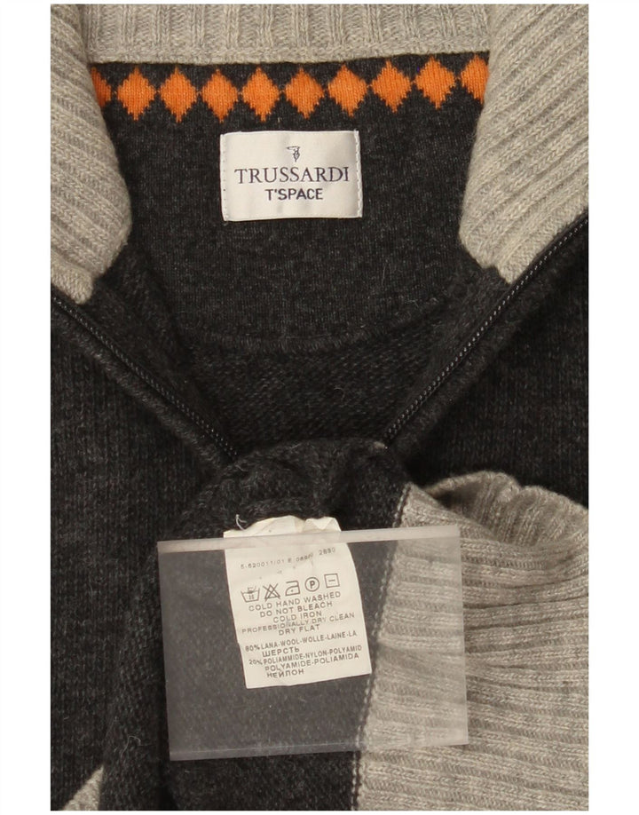Suéter masculino TRUSSARDI com zíper e gola em bloco de lã cinza médio