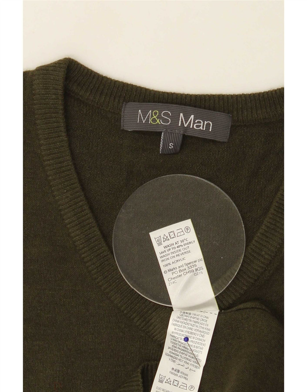 Suéter masculino Marks & Spencer com decote em V, pequeno acrílico cáqui