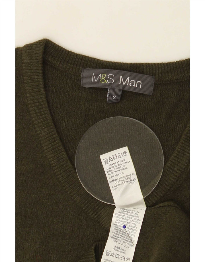 Suéter masculino Marks & Spencer com decote em V, pequeno acrílico cáqui