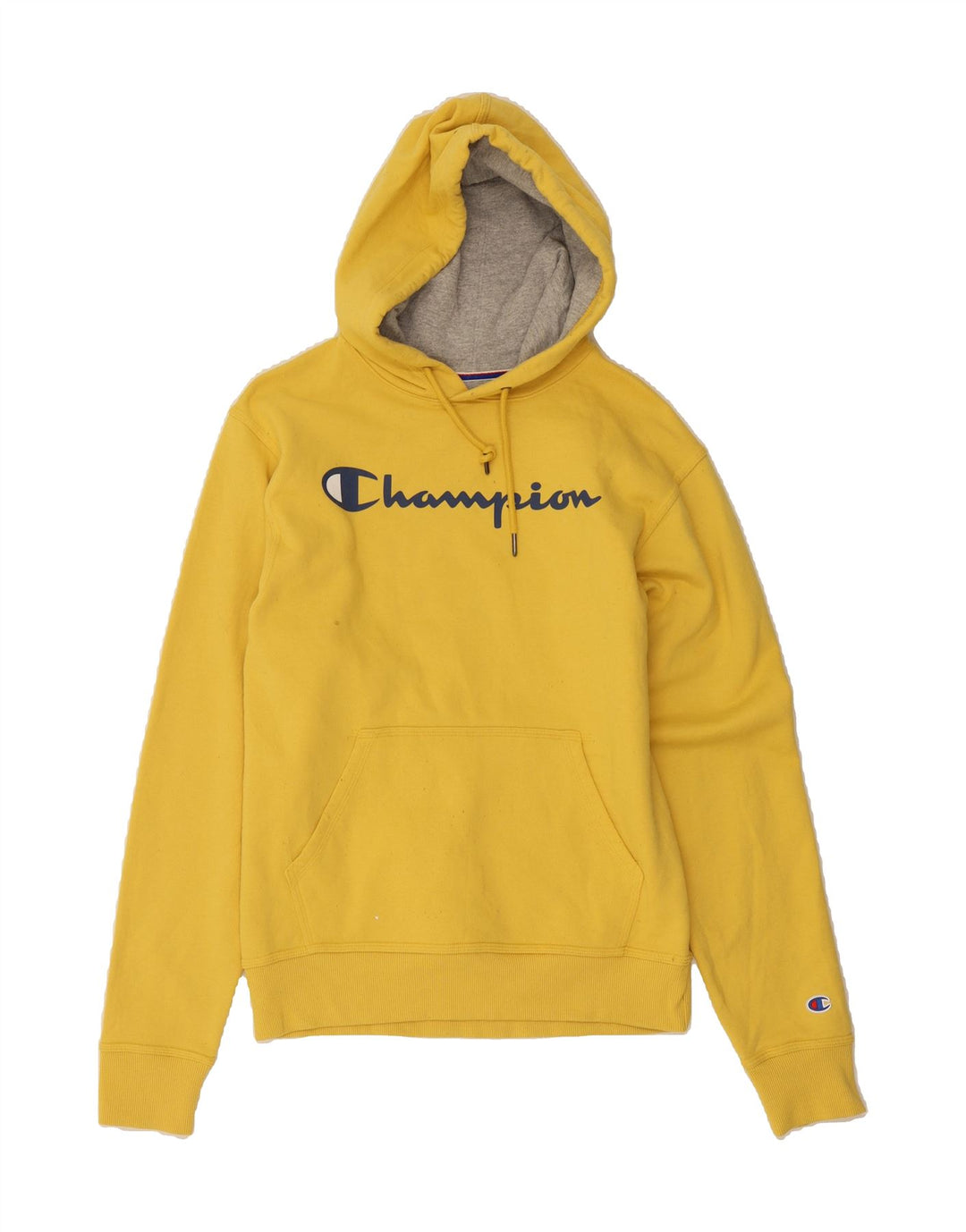 CHAMPION Mens Graphic Hoodie Jumper Small Yellow Cotton Vintage Champion and Second-Hand Champion from Messina Hembry 