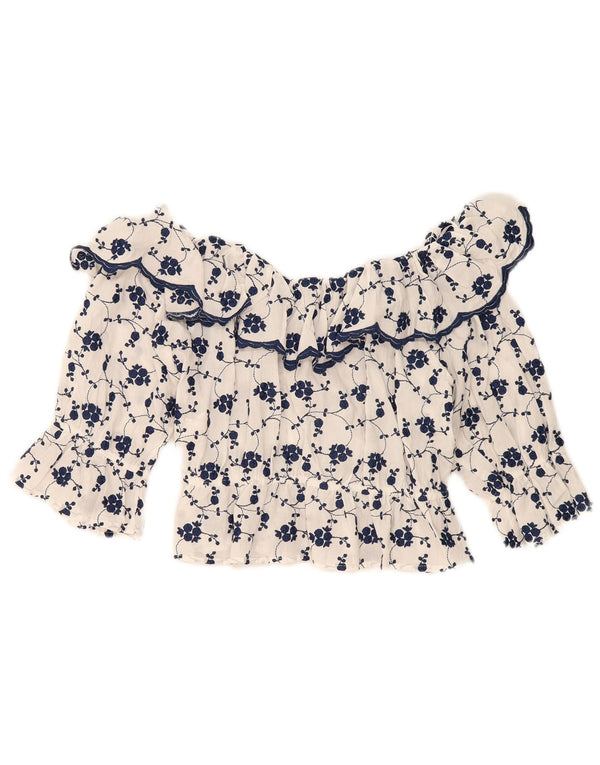 Blusa feminina Zara com ombro de fora, UK 14, grande, branco, floral, algodão
