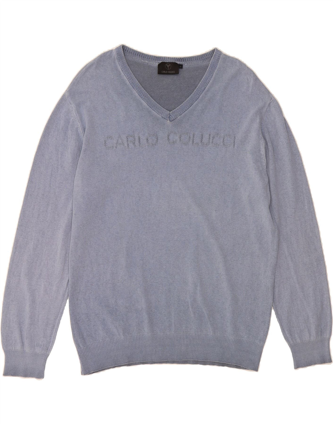 CARLO COLUCCI Mens Graphic V-Neck Jumper Sweater XL Navy Blue Cotton Vintage Carlo Colucci and Second-Hand Carlo Colucci from Messina Hembry 