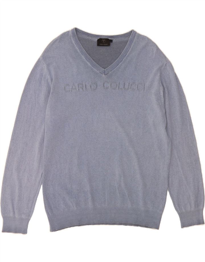 CARLO COLUCCI Mens Graphic V-Neck Jumper Sweater XL Navy Blue Cotton Vintage Carlo Colucci and Second-Hand Carlo Colucci from Messina Hembry 