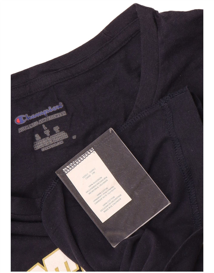 Camiseta feminina Champion Notre Dame com estampa gráfica UK 16 grande algodão azul marinho