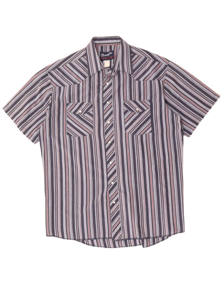 Camisa Wrangler masculina de manga curta tamanho 17 XL listrada azul