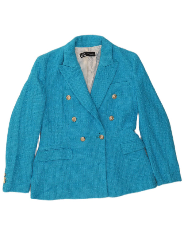 Jaqueta blazer feminina Zara com peito duplo Reino Unido 12 algodão azul médio