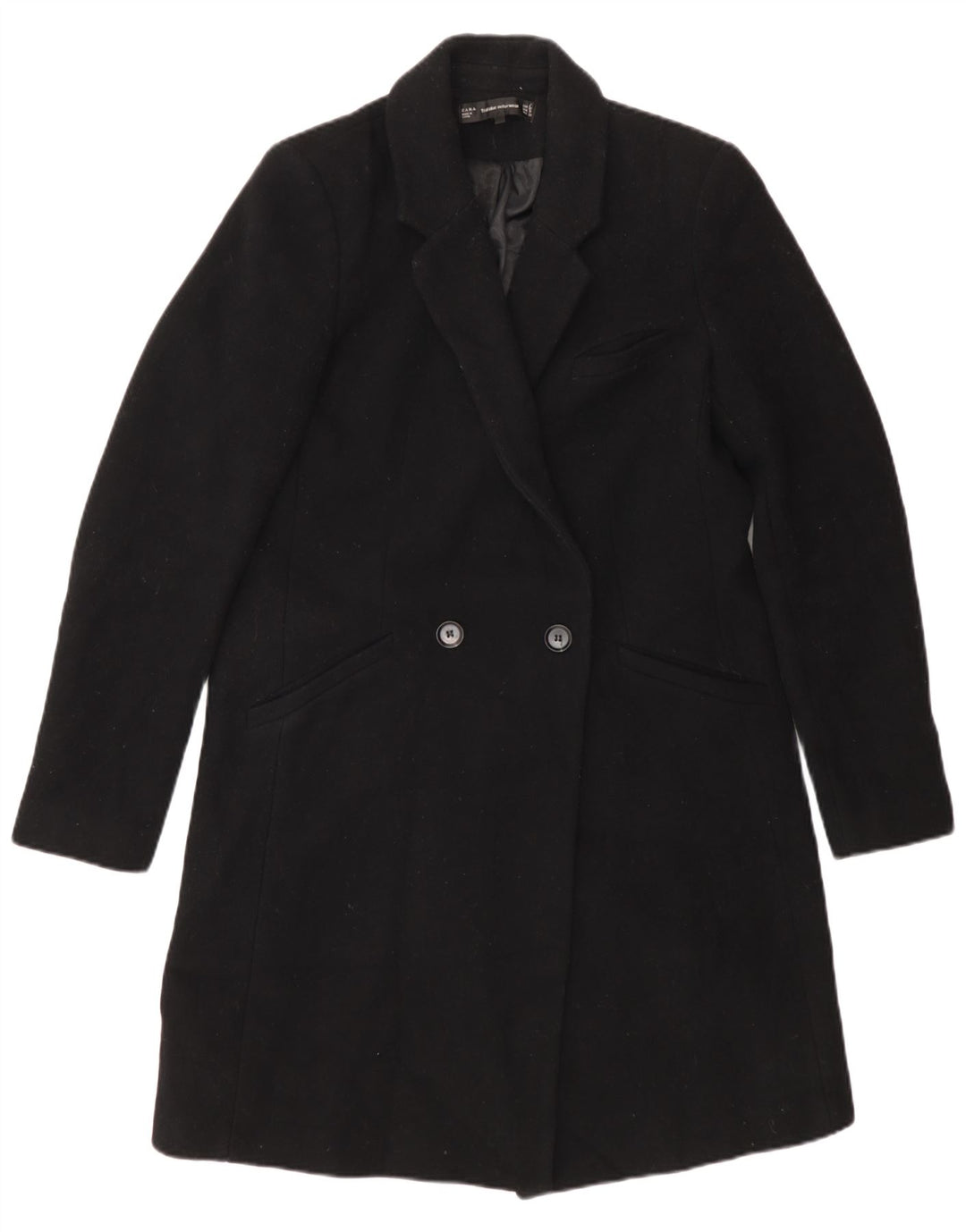 Casaco feminino Zara com peito duplo UK 12 poliéster preto médio