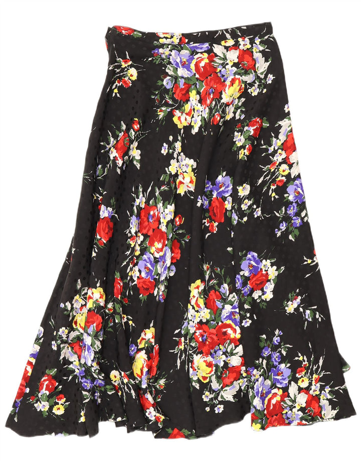 Saia larga feminina vintage W26 pequena floral preta