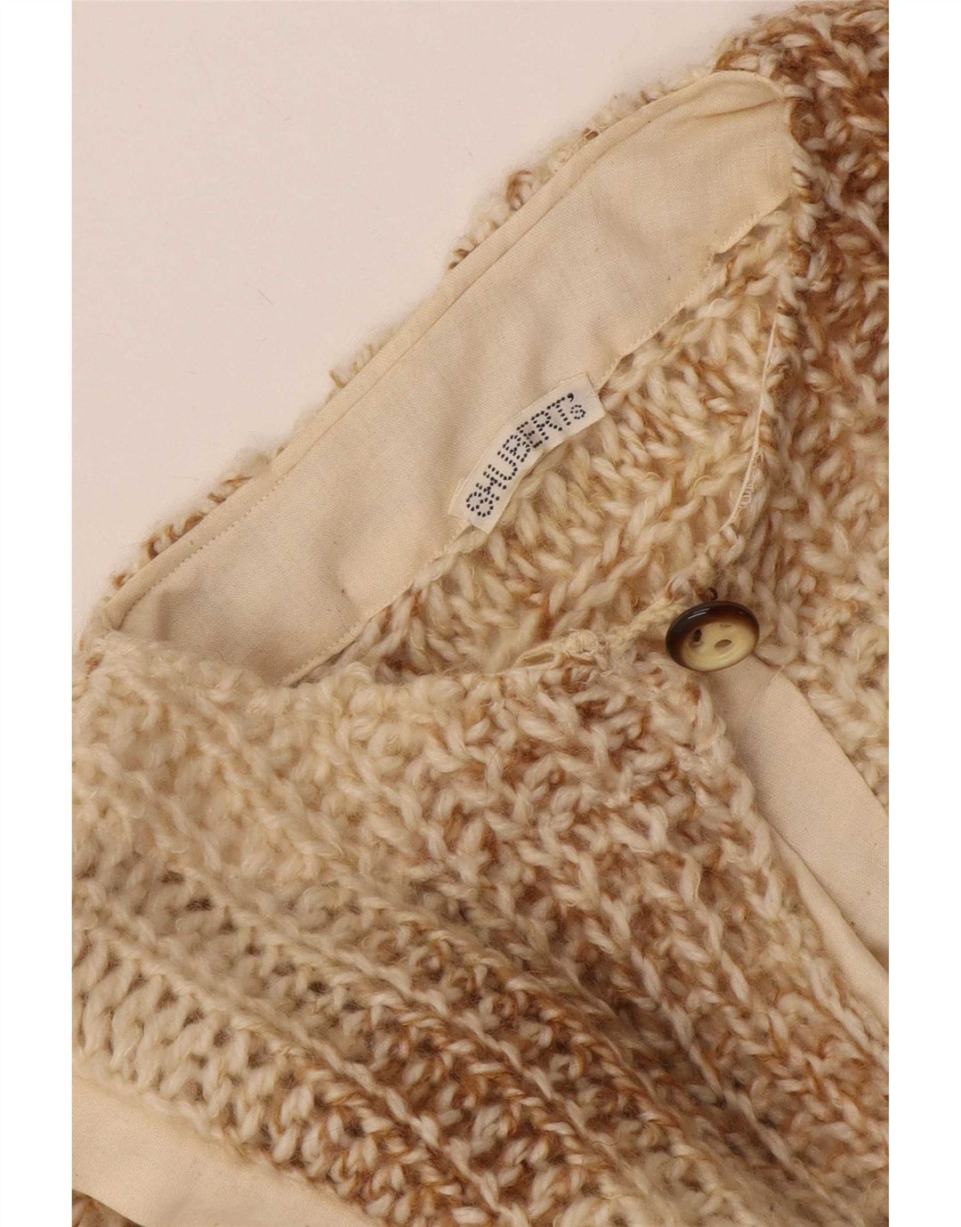 Suéter feminino vintage com gola redonda e botão UK 10 pequeno bege salpicado