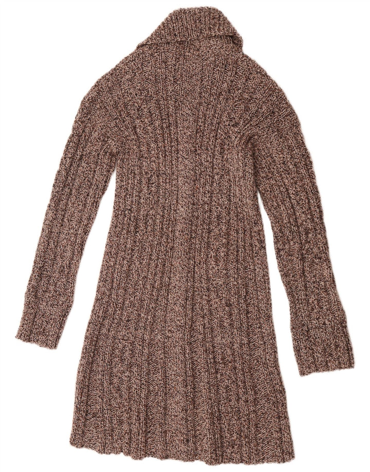 Suéter cardigã feminino vintage longline Reino Unido 14 marrom médio