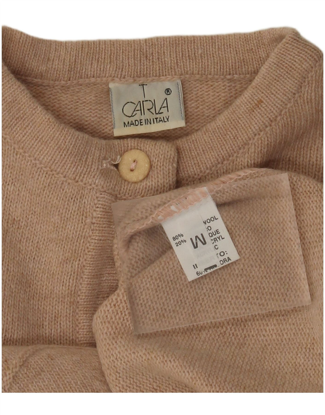 Suéter feminino VINTAGE com gola redonda e botão UK 14 médio bege floral