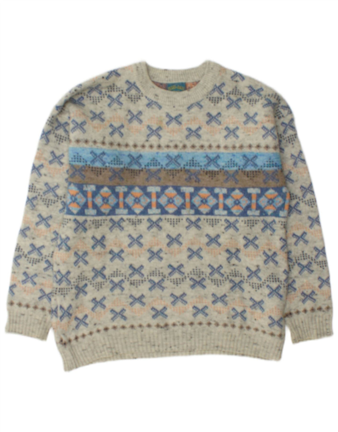 Suéter vintage masculino com gola canoa, lã geométrica cinza médio