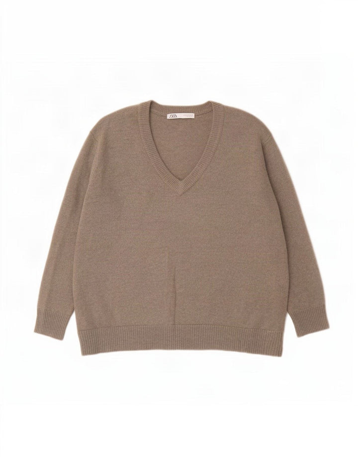 Zara Suéter feminino oversized com decote em V Reino Unido 14 caxemira cáqui médio