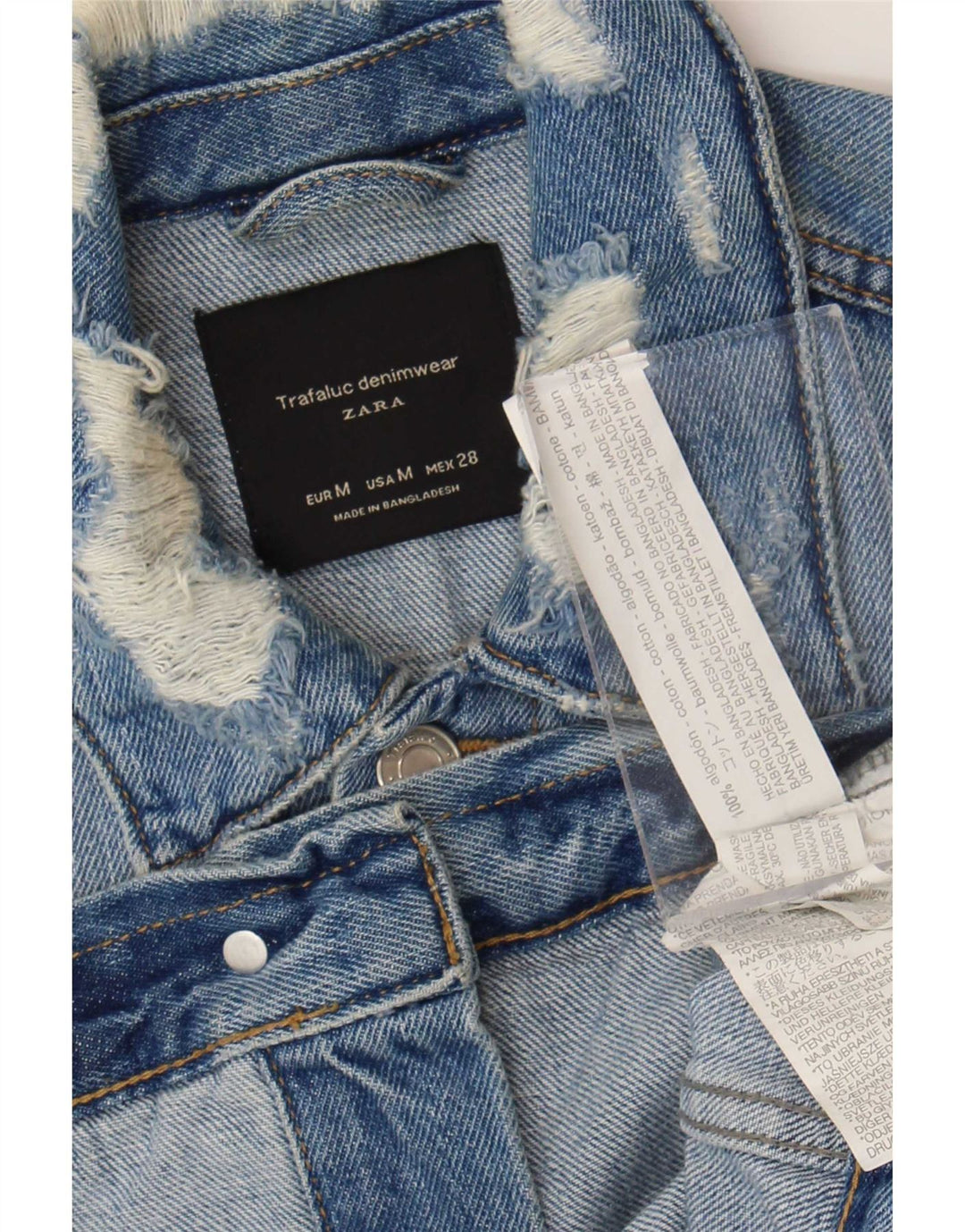 Jaqueta jeans feminina Zara Crop Distressed Reino Unido 12 algodão azul médio