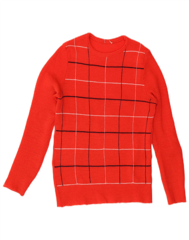 Suéter feminino vintage com gola redonda Reino Unido 8 pequeno xadrez vermelho