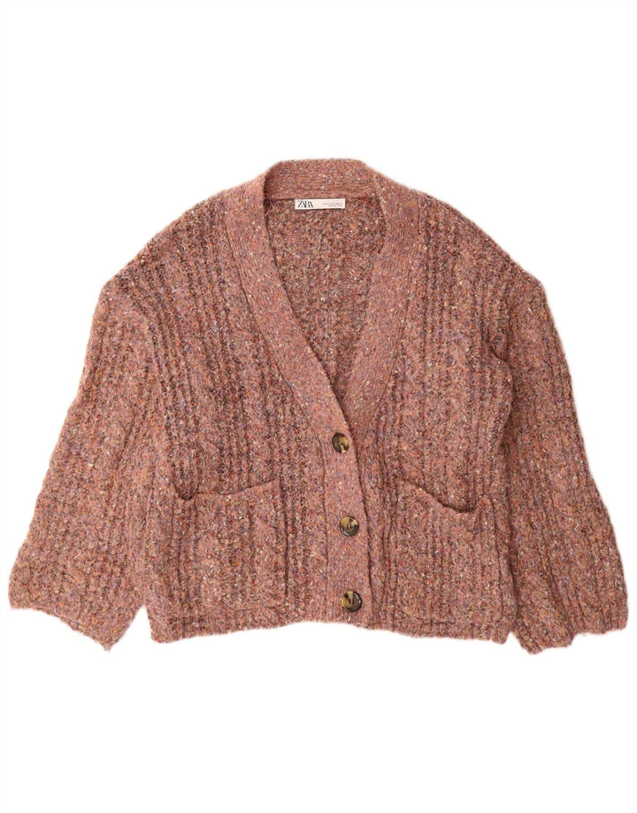Zara Suéter Cardigan Feminino Oversized Reino Unido 14 Poliéster Salpicado Rosa Médio