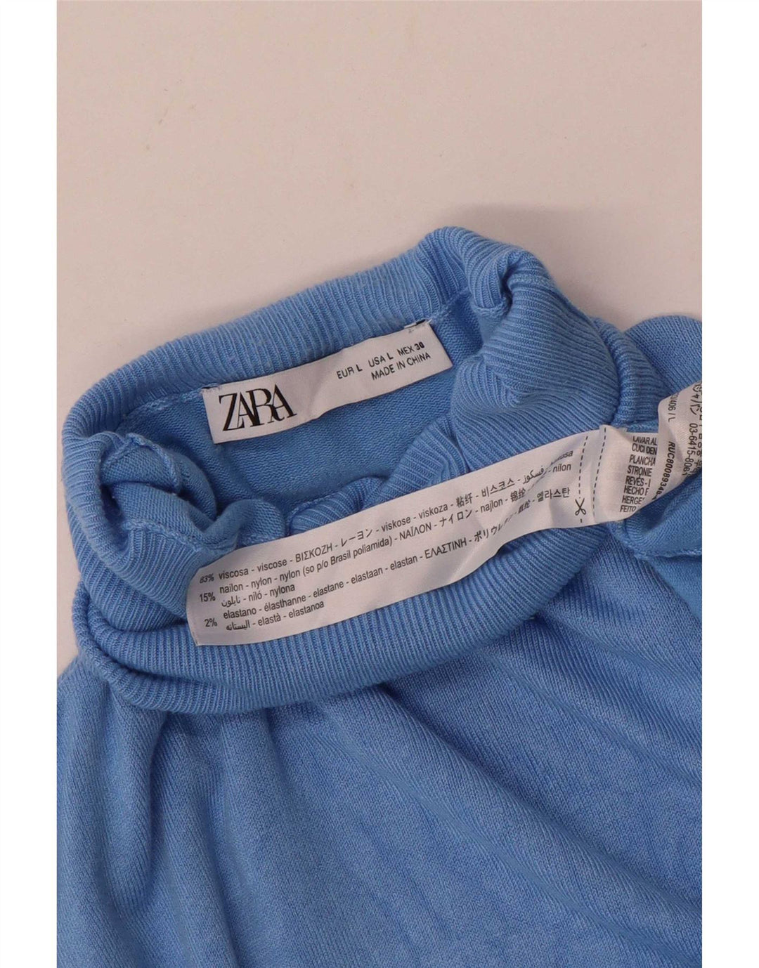 Suéter feminino Zara com gola redonda e viscose azul grande Reino Unido 14